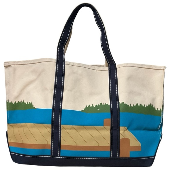 LL Bean Boat & Tote Vintage Canvas Bag Dog Chasing Ball Lake Dock Graphic LARGE - Picture 2 of 7